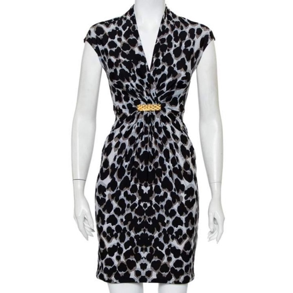 Roberto Cavalli- Blue and Black Leopard Print Sleeveless VNeck Midi Shift Dress - Picture 1 of 6